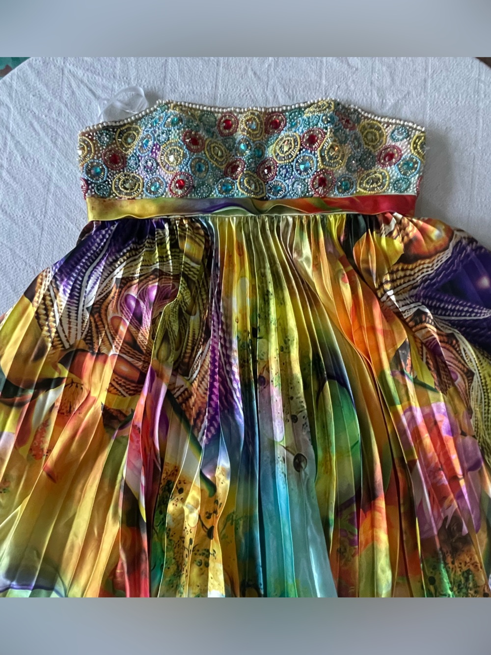 Sherri Hill Multicolor Beaded Digital Print Pleated Mini Dress.
